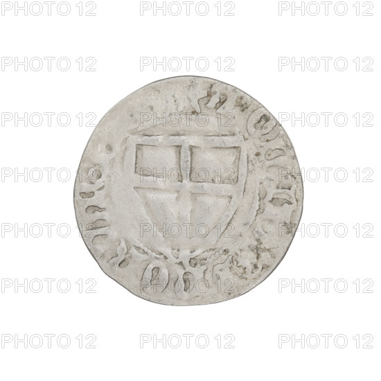 Teutonic szelag, Michal Küchmeister (Grand Master; 1414–1422). Obverse: monastic shield of the Grand Master (iconographic); Teutonic shield (iconographic); crossbars at the ends of the arms of the cross are arched. On the rim, between the beaded borders, an inscription. Reverse: monastic shield; on the rim, between the beaded borders, an inscription. Date: 1414–1416. State of the Teutonic Order (1226–1525). Coin from Gdansk; diameter 20.3 mm; weight 1.20 g; axis 45°.