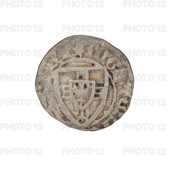 Teutonic szelag, Michal Küchmeister (Grand Master; 1414–1422). Obverse: monastic shield of the Grand Master (iconographic), Teutonic shield (iconographic); crossbars at the ends of the arms of the cross are arched. On the rim, between the beaded borders, an inscription. Reverse: monastic shield. On the rim, between the beaded borders, an inscription; date 1414–1416. State of the Teutonic Order (1226–1525). Coin from Gdansk; diameter 19.7 mm, weight 1.25 g, axis 90°.