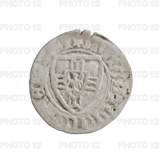 Teutonic szelag, Michal Küchmeister (Grand Master; 1414–1422). Obverse: monastic shield of the Grand Master (iconographic), Teutonic shield (iconographic); crossbars at the ends of the arms of the cross are arched. On the rim, between the pearly borders, an inscription. Reverse: monastic shield; on the rim, between the pearly borders, an inscription. Date: 1414–1416. State of the Teutonic Order (1226–1525). Gdansk. Coin; diameter 21.7 mm; weight 1.43 g; axis 225°.