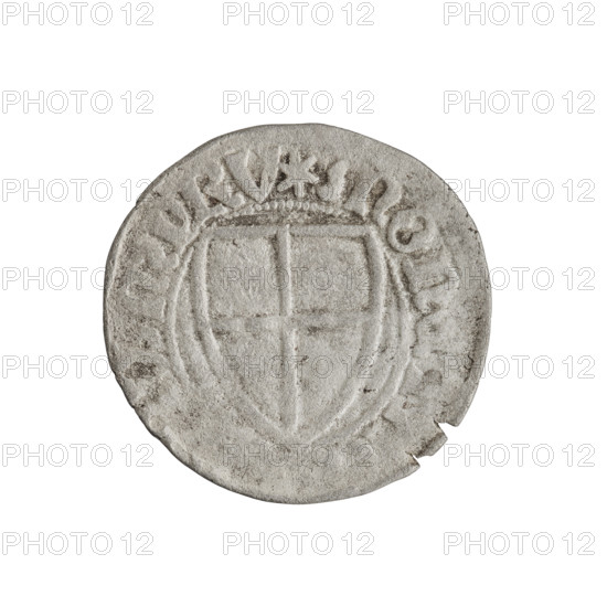 Teutonic szelag, Michal Küchmeister (Grand Master; 1414–1422). Obverse: monastic shield of the Grand Master (Teutonic shield, iconographic), crossbars at the ends of the arms of the cross are arched; on the rim, between the pearly borders, inscription. Reverse: monastic shield; on the rim, between the pearly borders, inscription. Date: 1414–1416. State of the Teutonic Order (1226–1525). Gdansk. Coin; diameter 21.7 mm; weight 1.43 g; axis 225°.
