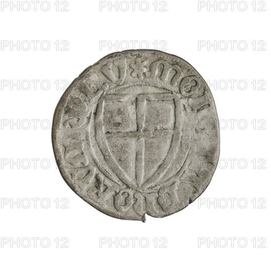 Teutonic szelag, Michal Küchmeister (Grand Master; 1414–1422). Obverse: monastic shield of the Grand Master (iconographic), Teutonic shield (iconographic); crossbars at the ends of the arms of the cross are arched. In the rim, between pearly borders, an inscription. Reverse: monastic shield; in the rim, between pearly borders, an inscription. Date: 1414–1416. State of the Teutonic Order (1226–1525). Gdansk mint. Coin; diameter 21.4 mm; weight 1.48 g; axis 45°.