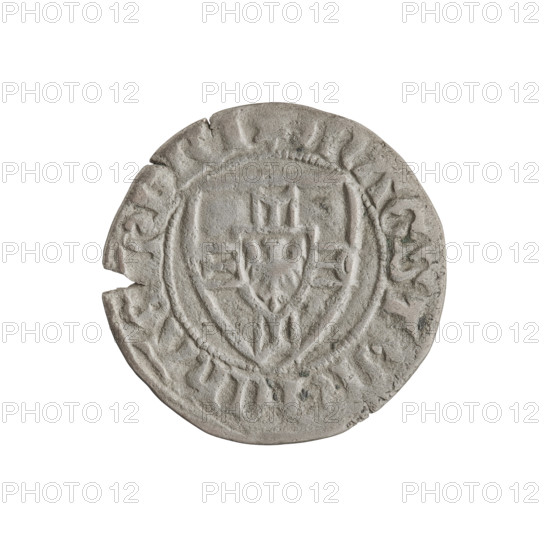 Teutonic szelag, Michal Küchmeister (Grand Master; 1414–1422). Obverse: Monastic shield of the Grand Master (iconographic), Teutonic shield; crossbars at the ends of the arms of the cross are arched. On the rim, between the pearly borders, an inscription. Reverse: Monastic shield; on the rim, between the pearly borders, an inscription, 1414–1416. State of the Teutonic Order (1226–1525), Gdansk. Coin; diameter 21.1 mm; weight 1.45 g; axis 225°.
