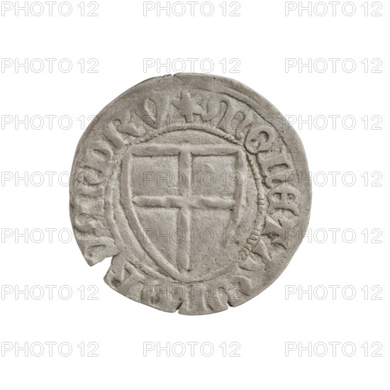Teutonic szelag, Michal Küchmeister (Grand Master; 1414–1422). Obverse: monastic shield of the Grand Master (iconographic), Teutonic shield; crossbars at the ends of the arms of the cross are arched. On the rim, between the pearly borders, an inscription. Reverse: monastic shield; on the rim, between the pearly borders, an inscription, 1414–1416. State of the Teutonic Order (1226–1525), Gdansk; coin; diameter 21.1 mm; weight 1.45 g; axis 225°.