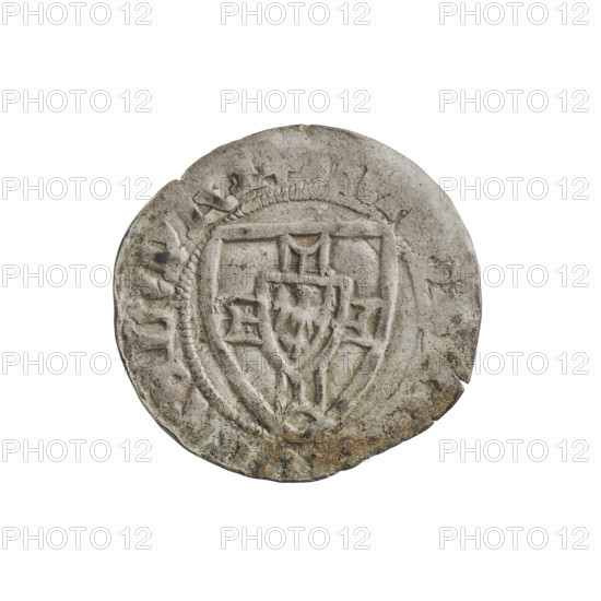 Teutonic szelag, Michal Küchmeister (Grand Master; 1414–1422). Obverse: monastic shield of the Grand Master (iconographic); crossbars at the ends of the arms of the cross are arched. On the rim, between the beaded borders, an inscription. Reverse: monastic shield. On the rim, between the beaded borders, an inscription. 1414–1416. State of the Teutonic Order (1226–1525). Gdansk. Coin; diameter 20.6 mm; weight 1.60 g; axis 150°.