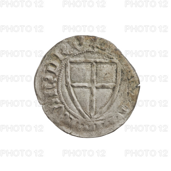 Teutonic szelag, Michal Küchmeister (Grand Master; 1414–1422). Obverse: monastic shield of the Grand Master (iconographic); crossbars at the ends of the arms of the cross are arched. On the rim, between the beaded borders, the inscription. Reverse: monastic shield. On the rim, between the beaded borders, the inscription. Date: 1414–1416. State of the Teutonic Order (1226–1525), Gdansk. Coin; diameter 20.6 mm; weight 1.60 g; axis 150°