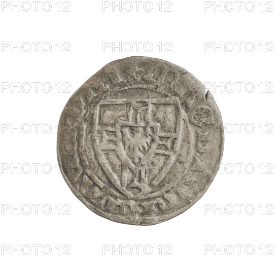 Teutonic szelag, Michal Küchmeister (Grand Master; 1414–1422). Monastic shield of the Grand Master (iconographic), Teutonic shield (iconographic), Teutonic Knights (order). Obverse: monastic shield of the Grand Master; crossbars at the ends of the arms of the cross are arched. In the rim, between the pearly borders, inscription. Reverse: monastic shield; in the rim, between the pearly borders, inscription, 1414–1416. State of the Teutonic Order (1226–1525). Coin, diameter 20.5 mm, weight 1.46 g, axis 140°.