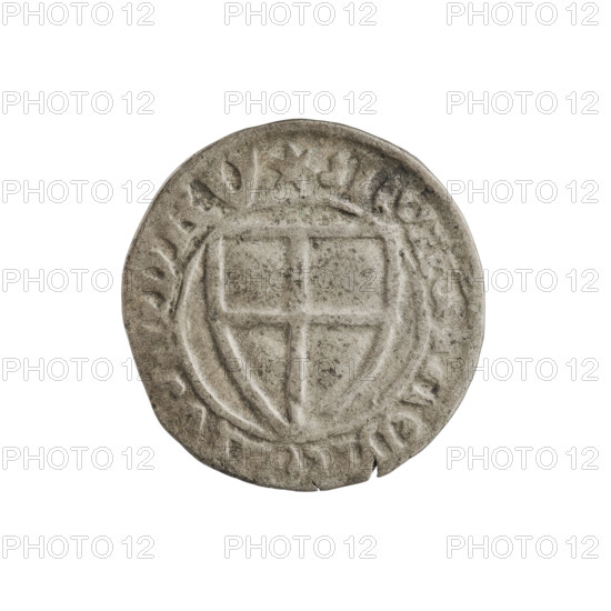 Teutonic szelag, Michal Küchmeister (Grand Master; 1414–1422). Obverse: monastic shield of the Grand Master (iconographic); crossbars at the ends of the arms of the cross are arched; inscription in the rim between pearly borders. Reverse: monastic shield; inscription in the rim between pearly borders; date 1414–1416. State of the Teutonic Order (1226–1525). Coin (Gdansk), diameter 20.5 mm, weight 1.46 g, axis 140°.