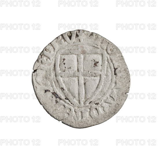 Teutonic szelag, Michal Küchmeister (Grand Master; 1414–1422). Teutonic shield (iconographic), monastic shield of the Grand Master (iconographic), Teutonic Knights (order). Obverse: Monastic shield of the Grand Master, crossbars at the ends of the arms of the cross are arched; on the rim, between the pearly borders, the inscription. Reverse: Monastic shield; on the rim, between the pearly borders, the inscription. 1414–1416. State of the Teutonic Order (1226–1525). Gdansk. Coin; diameter 20.8 mm; weight 1.44 g; axis 270°.