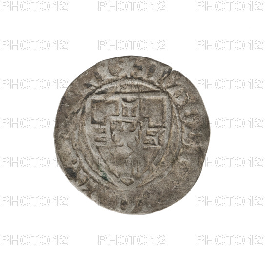 Teutonic szelag, Michal Küchmeister (Grand Master; 1414–1422). Monastic shield of the Grand Master (iconographic); Teutonic shield (iconographic); Teutonic Knights (order). Obverse: Monastic shield of the Grand Master, crossbars at the ends of the arms of the cross are arched; in the rim, between the beaded borders, the inscription. Reverse: Monastic shield; in the rim, between the beaded borders, the inscription. Date: 1414–1416. Coin; diameter 20 mm; weight 1.18 g; axis 45°.