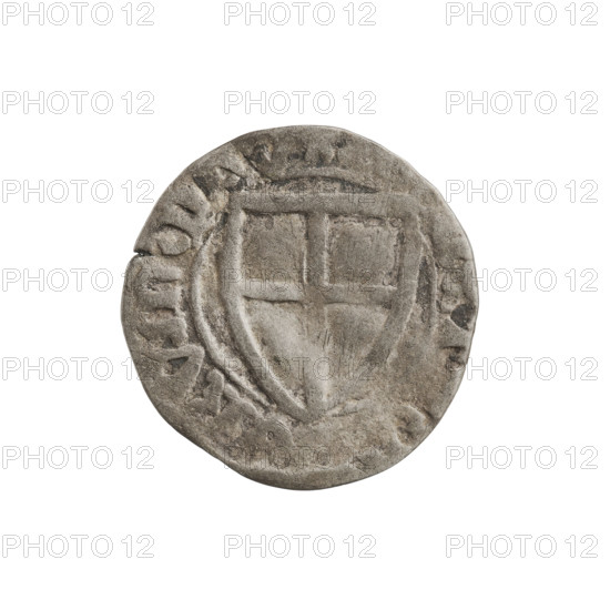 Teutonic szelag, Michal Küchmeister (Grand Master; 1414–1422). Obverse: Monastic shield of the Grand Master (iconographic); crossbars at the ends of the arms of the cross are arched. In the rim, between the beaded borders, an inscription. Reverse: Monastic shield; in the rim, between the beaded borders, an inscription. Date: 1414–1416. State of the Teutonic Order (1226–1525), Gdansk. Coin; diameter 20 mm; weight 1.18 g; axis 45°.