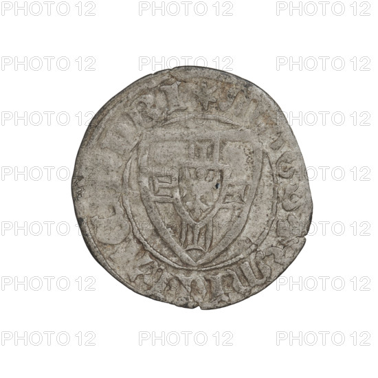 Teutonic szelag, Michal Küchmeister (Grand Master; 1414–1422). Teutonic shield (iconographic). AR mark. Teutonic Knights (order). Obverse: Monastic shield of the Grand Master, the crossbars at the ends of the arms of the cross are arched; on the rim between pearl borders an inscription. Reverse: Monastic shield; in the rim between the pearl borders an inscription, 1414–1416. State of the Teutonic Order (1226–1525), Gdansk. Coin; diameter 21.8 mm, weight 1.40 g, axis 20°.