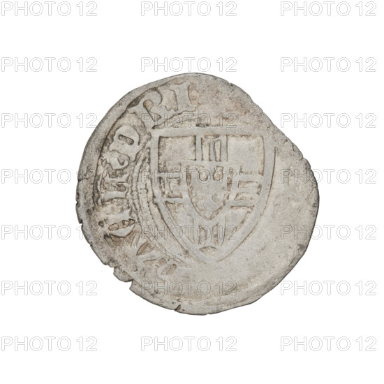 Teutonic szelag, Michal Küchmeister (Grand Master; 1414–1422). Obverse: monastic shield of the Grand Master (Teutonic shield iconography), crossbars at the ends of the arms of the cross are arched; on the rim between pearly borders an inscription. Reverse: monastic shield; on the rim between pearly borders an inscription, 1414–1416. State of the Teutonic Order (1226–1525), Gdansk. Coin; diameter 21.2–21.3 mm, weight 1.60 g, axis 0°.