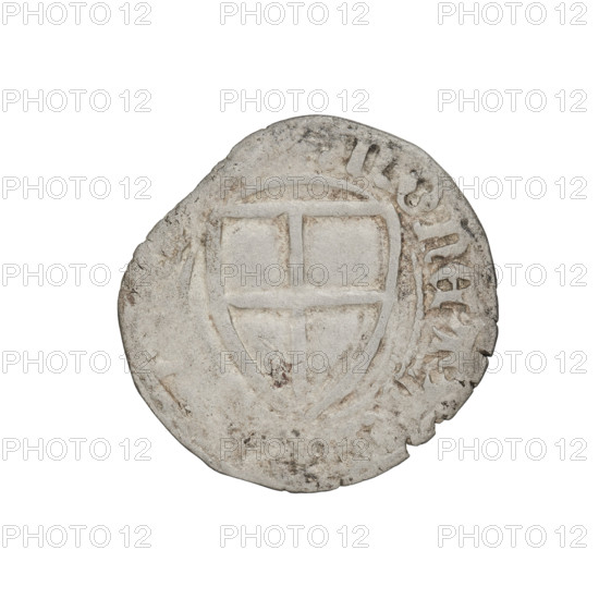 Teutonic szelag, Michal Küchmeister (Grand Master; 1414–1422). Obverse: monastic shield of the Grand Master (Teutonic shield iconography); crossbars at the ends of the arms of the cross are arched; on the rim, between the pearly borders, an inscription. Reverse: monastic shield; on the rim, between the pearly borders, an inscription. Date: 1414–1416. State of the Teutonic Order (1226–1525). Mint: Gdansk. Coin; diameter 21.2–21.3 mm; weight 1.60 g; axis 0°.