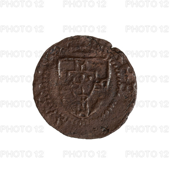 Teutonic szelag, period forgery, Michal Küchmeister (Grand Master; 1414–1422) (for the original). Teutonic shield (iconographic), monastic shield of the Grand Master (iconographic), period forgeries, Teutonic Knights (order). Obverse: Monastic shield of the Grand Master; the crossbars at the ends of the arms of the cross are arched. In the rim, between the pearly borders, the inscription. Reverse: Monastic shield; in the rim, between the pearly borders, the inscription. After 1414; State of the Teutonic Order (1226–1525). Coin, diameter 20.3 mm, weight 1.16 g, axis 300°.