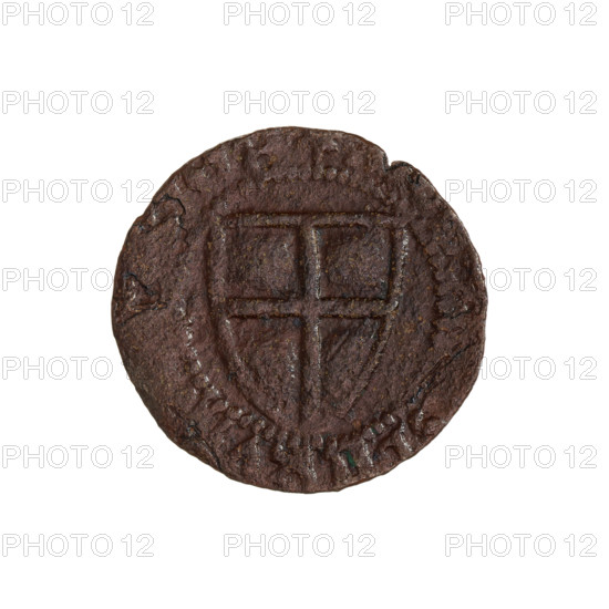 Teutonic szelag, period forgery, Michal Küchmeister (Grand Master; 1414–1422), (for the original). Teutonic shield (iconographic), monastic shield of the Grand Master (iconographic), period forgeries, Teutonic Knights (order). Obverse: Monastic shield of the Grand Master; the crossbars at the ends of the arms of the cross are arched. In the rim, between the pearly borders, the inscription. Reverse: Monastic shield; in the rim, between the pearly borders, the inscription. After 1414. State of the Teutonic Order (1226–1525). Coin; diameter 20.3 mm; weight 1.16 g; axis 300°.