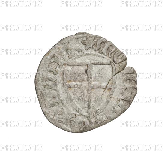 Teutonic szelag, Michal Küchmeister (Grand Master; 1414–1422). Obverse: Monastic shield of the Grand Master (iconographic), Teutonic shield; crossbars at the ends of the arms of the cross are arched. In the rim, between the beaded borders, an inscription. Reverse: Monastic shield. In the rim, between the beaded borders, an inscription, 1414–1416. State of the Teutonic Order (1226–1525), Gdansk. Coin; diameter 20.5 mm; weight 1.39 g; axis 0°.