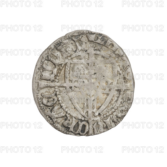 Teutonic szelag, Michal Küchmeister (Grand Master; 1414–1422). Obverse: Monastic shield of the Grand Master; below the Jerusalem cross, a cross with elongated, widening arms dividing the rim legend and reaching the outer rim; rim between pearly borders bears an inscription. Reverse: Monastic shield with a cross with elongated arms dividing the rim legend and reaching the outer rim; rim between pearly borders bears an inscription. Date: 1416–1422. State of the Teutonic Order (1226–1525), Gdansk. Coin; diameter 21.3 mm; weight 1.84 g; axis 190°.