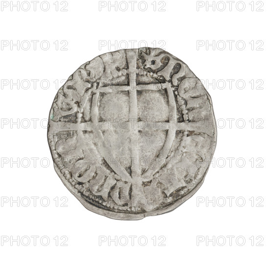 Teutonic szelag, Michal Küchmeister (Grand Master; 1414–1422). Obverse: monastic shield of the Grand Master; below the Jerusalem cross, a cross with elongated, widening arms dividing the rim legend and reaching the outer rim. In the rim, between the pearly borders, an inscription. Reverse: monastic shield with a cross with elongated arms dividing the rim legend and reaching the outer rim. In the rim between the pearly borders there is an inscription. Date: 1416–1422. State of the Teutonic Order (1226–1525), Gdansk. Coin; diameter 22 mm, weight 1.72 g, axis 30°.