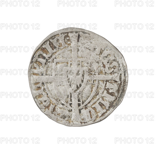 Teutonic szelag, Michal Küchmeister (Grand Master; 1414–1422). Obverse: monastic shield of the Grand Master; below the Jerusalem cross, a cross with elongated, widening arms that divide the rim legend and reach the outer rim. In the rim between the pearl borders there is an inscription. Reverse: monastic shield with a cross with elongated arms dividing the rim legend and reaching the outer rim. Date: 1416–1422. State of the Teutonic Order (1226–1525), Torun. Coin; diameter 21.5 mm, weight 1.75 g, axis 45°.