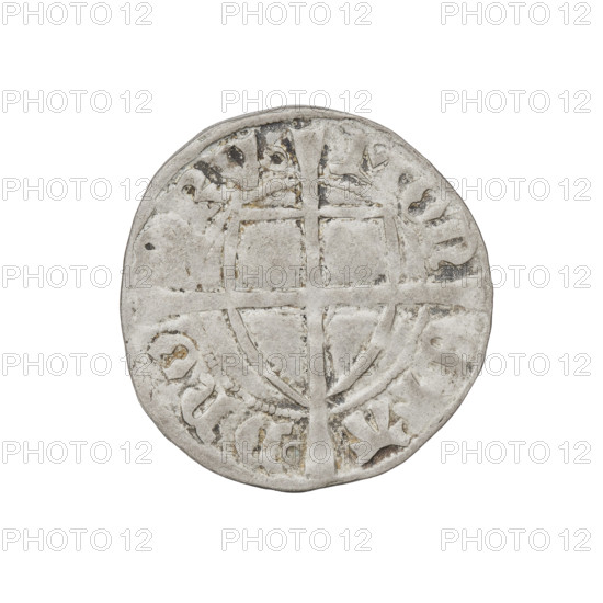 Teutonic szelag, Michal Küchmeister (Grand Master; 1414–1422). Obverse: monastic shield of the Grand Master; below the Jerusalem cross, a cross with elongated, widening arms dividing the rim legend and reaching the outer rim. In the rim between the pearl borders there is an inscription. Reverse: monastic shield with a cross with elongated arms dividing the rim legend and reaching the outer rim; in the rim between the pearl borders there is an inscription. Date: 1416–1422. State of the Teutonic Order (1226–1525), Torun. Coin; diameter 21.5 mm; weight 1.75 g; axis 45°.