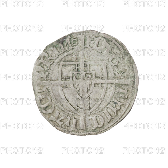 Teutonic szelag, Michal Küchmeister (Grand Master; 1414–1422). Obverse: monastic shield of the Grand Master; below the Jerusalem cross, a cross with elongated, widening arms that divide the rim legend and reach the outer rim. Rim between pearly borders bears an inscription. Reverse: monastic shield with a cross with elongated arms dividing the rim legend and reaching the outer rim; rim between pearl borders bears an inscription. Date: 1416–1422. State of the Teutonic Order (1226–1525). Torun. Coin; diameter 21.6 mm; weight 1.64 g; axis 190°.