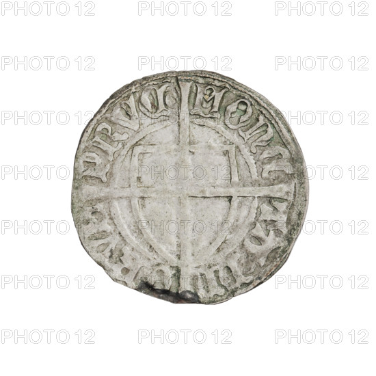 Teutonic szelag, Michal Küchmeister (Grand Master; 1414–1422). Obverse: monastic shield of the Grand Master; below the Jerusalem cross, a cross with elongated, widening arms dividing the rim legend and reaching the outer rim. Rim between pearly borders bears inscription. Reverse: monastic shield with a cross with elongated arms dividing the rim legend and reaching the outer rim; rim between pearl borders bears inscription. Date range 1416–1422. State of the Teutonic Order (1226–1525). Torun. Coin; diameter 21.6 mm; weight 1.64 g; axis 190°.