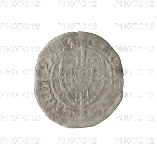 Teutonic szelag, Michal Küchmeister (Grand Master; 1414–1422). Obverse: monastic shield of the Grand Master; below the Jerusalem cross, a cross with elongated, widening arms whose ends reach the outer rim and divide the rim legend. Reverse: monastic shield with a cross with elongated arms dividing the rim legend and reaching the outer rim; rim between pearl borders bears an inscription. 1416–1422. State of the Teutonic Order (1226–1525). Torun. Coin; diameter 20.8 mm, weight 1.33 g, axis 300°.