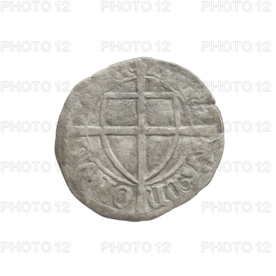 Teutonic szelag, Michal Küchmeister (Grand Master; 1414–1422). Obverse: Monastic shield of the Grand Master; below the Jerusalem cross, a cross with elongated, widening arms that divide the rim legend and reach the outer rim. Reverse: Monastic shield with a cross with elongated arms dividing the rim legend and reaching the outer rim. In the rim between the pearly borders there is an inscription. Date: 1416–1422. State of the Teutonic Order (1226–1525). Torun. Coin; diameter 20.8 mm; weight 1.33 g; axis 300°.
