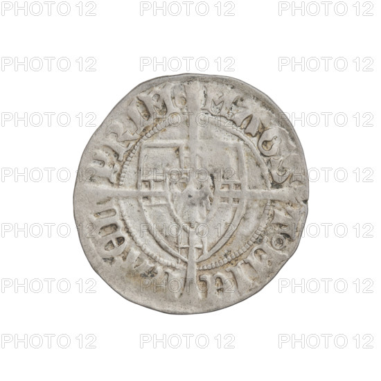 Teutonic szelag, Michal Küchmeister (Grand Master; 1414–1422). Obverse: monastic shield of the Grand Master; below the Jerusalem cross, a cross with elongated, widening arms dividing the rim legend and reaching the outer rim. In the rim between the pearly borders there is an inscription. Reverse: monastic shield with a cross with elongated arms dividing the rim legend and reaching the outer rim. Inscription in the rim between the pearl borders. Date: 1416–1422. State of the Teutonic Order (1226–1525), Torun. Coin; diameter 21.8 mm; weight 1.48 g; axis 280°.