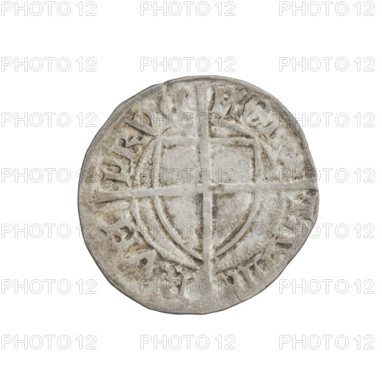 Teutonic szelag, Michal Küchmeister (Grand Master; 1414–1422). Obverse: monastic shield of the Grand Master; below the Jerusalem cross, a cross with elongated, widening arms that divide the rim legend and reach the outer rim. Reverse: monastic shield with a cross with elongated arms dividing the rim legend and reaching the outer rim. In the rim between the pearly borders there is an inscription. Date: 1416–1422. State of the Teutonic Order (1226–1525), Torun. Coin; diameter 21.8 mm; weight 1.48 g; axis 280°.