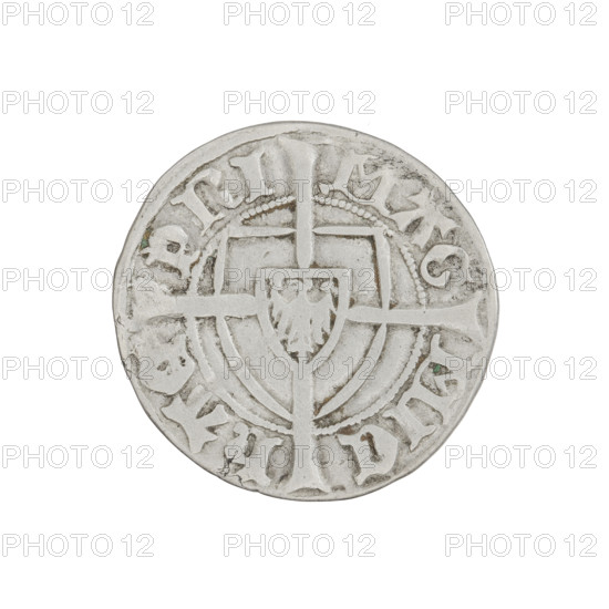 Teutonic szelag, Michal Küchmeister (Grand Master; 1414–1422). Obverse: monastic shield of the Grand Master with a cross whose elongated, widening arms divide the rim legend and reach the outer rim; on the rim, between the pearly borders, an inscription. Reverse: monastic shield with a cross with elongated arms dividing the rim legend and reaching the outer rim; in the rim between the pearl borders there is an inscription. Date: 1416–1422. State of the Teutonic Order (1226–1525), Torun. Coin; diameter 21.3 mm; weight 1.55 g; axis 130°.