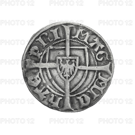 Teutonic szelag, Michal Küchmeister (Grand Master; 1414–1422). Obverse: monastic shield of the Grand Master with a cross whose elongated, widening arms divide the rim legend and reach the outer rim; on the rim between the pearly borders an inscription. Reverse: monastic shield with a cross with elongated arms dividing the rim legend and reaching the outer rim; in the rim between the pearly borders there is an inscription. Date: 1416–1422. State of the Teutonic Order (1226–1525), Torun. Coin; diameter 21.3 mm, weight 1.55 g, axis 130°.
