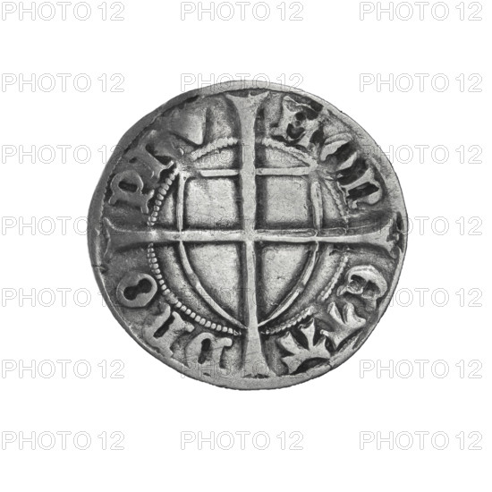 Teutonic szelag, Michal Küchmeister (Grand Master; 1414–1422). Cross with elongated, widening arms (iconographic); Teutonic shield (iconographic); monastic shield of the Grand Master (iconographic); crosses, shields; Teutonic Knights (order). Obverse: monastic shield of the Grand Master with a cross whose elongated, widening arms divide the rim legend and reach the outer rim; inscription on the rim between pearly borders. Reverse: monastic shield with a cross with elongated arms dividing the rim legend and reaching the outer rim; inscription on the rim between pearly borders. Date: 1416–1422. State of the Teutonic Order (1226–1525), Torun. Coin; diameter 21.3 mm; weight 1.55 g; axis 130°.