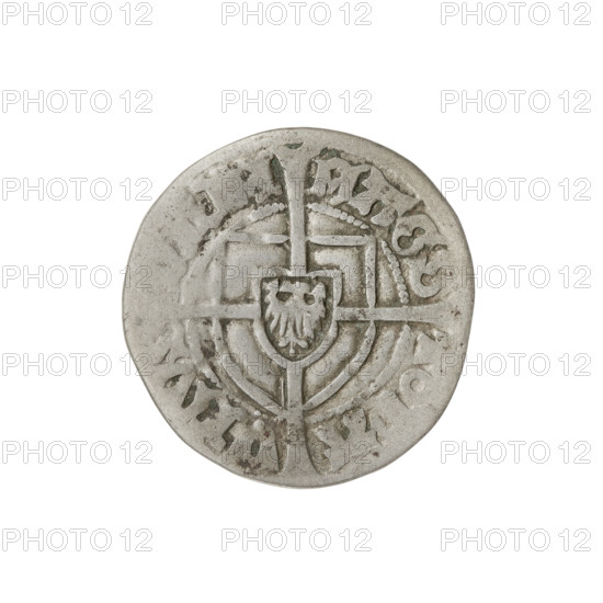 Teutonic szelag, Paul von Russdorf (Grand Master; 1422–1441). Obverse: monastic shield of the Grand Master with a cross whose elongated, widening arms divide the rim legend and reach the outer rim; rim between pearly borders bears an inscription. Reverse: monastic shield with a cross with elongated arms dividing the rim legend and reaching the outer rim; rim between pearl borders bears an inscription. Date: 1425–1441. State of the Teutonic Order (1226–1525). Mint: Torun. Coin, diameter 20 mm, weight 1.57 g, axis 45°.