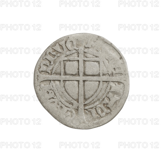Teutonic szelag, Paul von Russdorf (Grand Master; 1422–1441). Obverse: monastic shield of the Grand Master with a cross whose elongated, widening arms divide the rim legend and reach the outer rim; rim bears an inscription between pearly borders. Reverse: monastic shield with a cross with elongated arms dividing the rim legend and reaching the outer rim; rim between pearl borders bears an inscription. Date 1425–1441. State of the Teutonic Order (1226–1525). Torun. Coin; diameter 20 mm; weight 1.57 g; axis 45°.