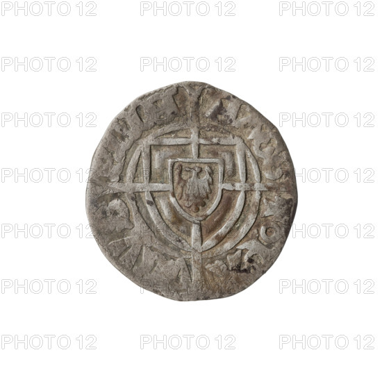 Teutonic szelag, Paul von Russdorf (Grand Master; 1422–1441). Obverse: monastic shield of the Grand Master with a cross whose elongated, widening arms divide the rim legend and reach the outer rim; on the rim, between pearly borders, an inscription. Reverse: monastic shield with a cross with elongated arms dividing the rim legend and reaching the outer rim; in the rim between the pearl borders there is an inscription. Date: 1425–1441. State of the Teutonic Order (1226–1525), Torun. Coin; diameter 19.3 mm; weight 1.48 g; axis 30°.