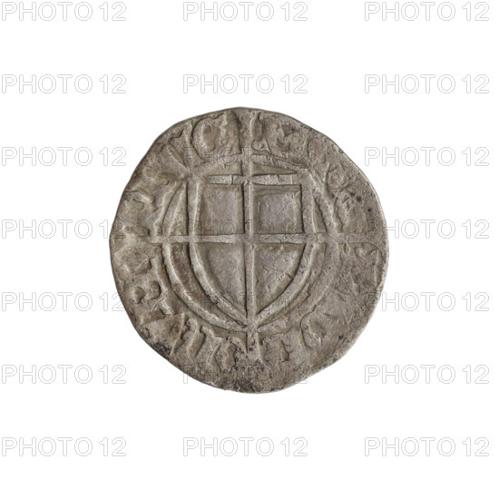 Teutonic szelag, Paul von Russdorf (Grand Master; 1422–1441). Obverse: monastic shield of the Grand Master with a cross whose elongated, widening arms divide the rim legend and reach the outer rim; on the rim, between pearly borders, an inscription. Reverse: monastic shield with a cross with elongated arms dividing the rim legend and reaching the outer rim; in the rim between pearl borders there is an inscription. Date: 1425–1441. State of the Teutonic Order (1226–1525). Torun. Coin; diameter 19.3 mm; weight 1.48 g; axis 30°.
