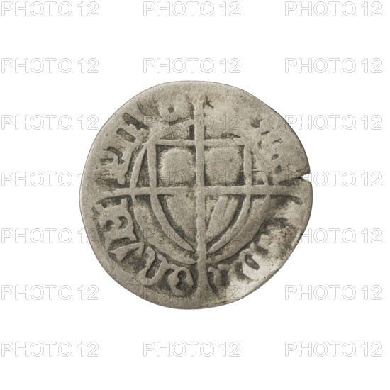 Teutonic szelag, Paul von Russdorf (Grand Master; 1422–1441). Monastic shield of the Grand Master (iconographic); Teutonic shield (iconographic); cross with elongated arms (iconographic); Teutonic Knights (order). Obverse: Monastic shield of the Grand Master with a cross whose elongated, widening arms divide the rim legend and reach the outer rim; on the rim, between the pearly borders, an inscription. Reverse: Monastic shield with a cross with elongated arms dividing the rim legend and reaching the outer rim; in the rim between the pearl borders there is an inscription. Date: 1425–1441. State of the Teutonic Order (1226–1525), Torun. Coin; diameter 20 mm; weight 1.14 g; axis 280°.