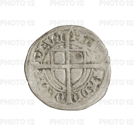 Teutonic szelag, Paul von Russdorf (Grand Master; 1422–1441). Obverse: monastic shield of the Grand Master with a cross whose elongated, widening arms divide the rim legend and reach the outer rim; on the rim, between pearly borders, an inscription. Reverse: monastic shield with a cross with elongated arms dividing the rim legend and reaching the outer rim; in the rim between the pearl borders there is an inscription. Date: 1425–1441. State of the Teutonic Order (1226–1525), Torun. Coin; weight 1.48 g; axis 270°.