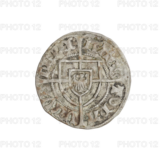 Teutonic szelag, Pawel von Russdorf (Grand Master; 1422–1441). Obverse: Monastic shield of the Grand Master with a cross whose elongated, widening arms divide the rim legend and reach the outer rim; on the rim, between the pearly rims, an inscription. Reverse: Teutonic shield with a cross with elongated arms dividing the rim legend and reaching the outer rim; on the rim, between the pearly rims, an inscription. Date: 1425–1441. State of the Teutonic Order (1226–1525), Torun. Coin, diameter 20.5 mm, weight 1.69 g, axis 225°. AR mark. Teutonic Knights (order).