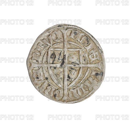 Teutonic szelag, Pawel von Russdorf (Grand Master; 1422–1441), Teutonic shield (iconographic), monastic shield of the Grand Master (iconographic), cross with elongated arms (iconographic), AR mark, Teutonic Knights (order). Obv.: Monastic shield of the Grand Master with a cross whose elongated, widening arms divide the rim legend and reach the outer rim. On the rim, between the pearly rims, the inscription. 1425–1441. State of the Teutonic Order (1226–1525), Torun. Coin; diameter 20.5 mm, weight 1.69 g, axis 225°.