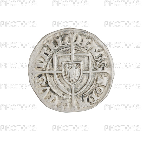 Teutonic szelag, Pawel von Russdorf (Grand Master; 1422–1441), Teutonic shield (iconographic), monastic shield of the Grand Master (iconographic), cross with elongated arms (iconographic), Teutonic Knights (order). Obverse: Monastic shield of the Grand Master with a cross whose elongated, widening arms divide the rim legend and reach the outer rim; on the rim, between the pearly borders, an inscription. Reverse: Monastic shield with a cross with elongated arms dividing the rim legend and reaching the outer rim; in the rim between the pearl borders there is an inscription. Date: 1425–1441. State of the Teutonic Order (1226–1525), Torun. Coin; diameter 20.4 mm; weight 1.70 g; axis 270°.