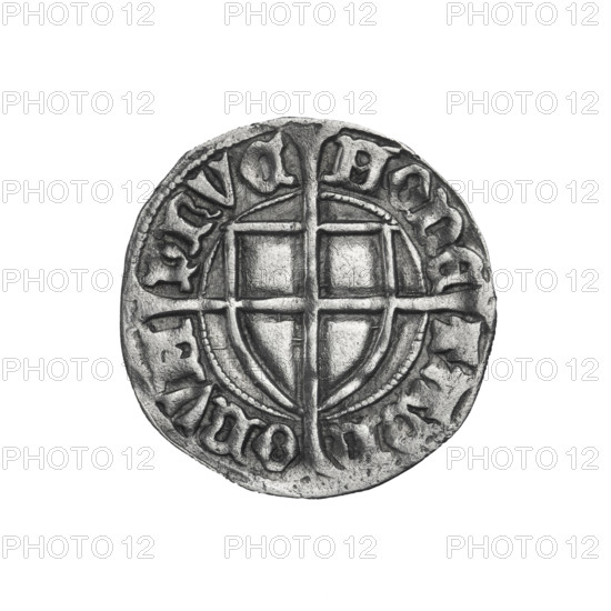 Teutonic szelag, Pawel von Russdorf (Grand Master; 1422–1441). Obverse: monastic shield of the Grand Master with a cross whose elongated, widening arms divide the rim legend and reach the outer rim; on the rim, between the pearly borders, an inscription. Reverse: monastic shield with a cross with elongated arms dividing the rim legend and reaching the outer rim; in the rim between the pearl borders there is an inscription. Date: 1425–1441. State of the Teutonic Order (1226–1525), Torun. Coin; diameter 20.4 mm; weight 1.70 g; axis 270°.