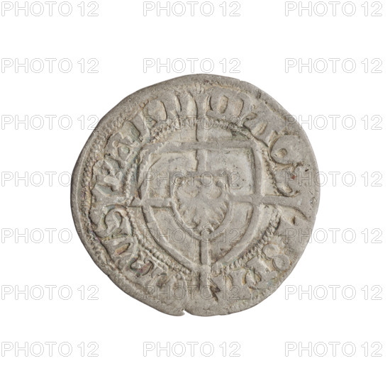 Teutonic szelag, Paul von Russdorf (Grand Master; 1422–1441). Obverse: monastic shield of the Grand Master with a cross whose elongated, widening arms divide the rim legend and reach the outer rim; rim with pearly border and inscription. Reverse: monastic shield with a cross with elongated arms dividing the rim legend and reaching the outer rim; rim between pearly borders with inscription. Date 1422–1441. Teutonic Order (1226–1525). Coin (Gdansk), diameter 21.5 mm, weight 1.55 g, axis 270°.
