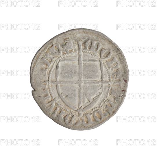 Teutonic szelag, Paul von Russdorf (Grand Master; 1422–1441). Obverse: monastic shield of the Grand Master with a cross whose elongated, widening arms divide the rim legend and reach the outer rim; rim bears inscription. Reverse: monastic shield with a cross with elongated arms dividing the rim legend and reaching the outer rim; rim between pearl borders bears inscription. Date 1422–1441. State of the Teutonic Order (1226–1525). Gdansk mint. Coin; diameter 21.5 mm; weight 1.55 g; axis 270°.