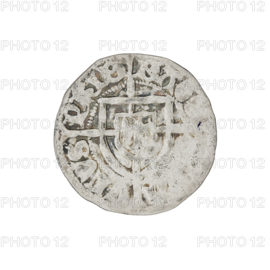 Teutonic szelag, Pawel von Russdorf (Grand Master; 1422–1441), cross with elongated arms, monastic shield of the Grand Master, Teutonic shield, Teutonic Knights (order). Obv. Monastic shield of the Grand Master with a cross whose elongated, widening arms, dividing the rim legend, reach the outer rim. On the rim, between the pearly borders, the inscription. Rev. Monastic shield with a cross with elongated arms dividing the rim legend and reaching the outer rim. In the rim between the pearl borders there is an inscription. 1425–1441. State of the Teutonic Order (1226–1525), Torun. Coin, diameter 20.6 mm, weight 1.65 g, axis 150°.