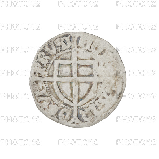 Teutonic szelag, Pawel von Russdorf (Grand Master; 1422–1441). Obverse: monastic shield of the Grand Master with a cross whose elongated, widening arms divide the rim legend and reach the outer rim; on the rim, between the pearly borders, an inscription. Reverse: monastic shield with a cross with elongated arms dividing the rim legend and reaching the outer rim; in the rim between the pearl borders there is an inscription. Date: 1425–1441. State of the Teutonic Order (1226–1525), Torun. Coin; diameter 20.6 mm, weight 1.65 g, axis 150°.