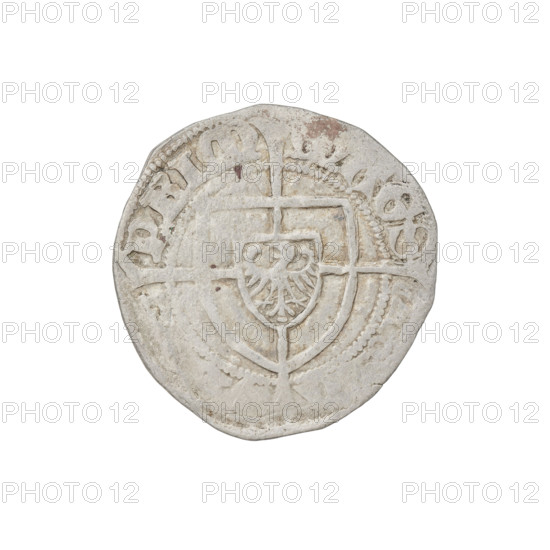 Teutonic szelag, Paul von Russdorf (Grand Master; 1422–1441). Obverse: monastic shield of the Grand Master with a cross whose elongated, widening arms divide the rim legend and reach the outer rim; rim bears inscription. Reverse: monastic shield with a cross with elongated arms dividing the rim legend and reaching the outer rim; rim between pearl borders bears inscription. Iconography: cross with elongated arms, monastic shield of the Grand Master, Teutonic shield; Teutonic Knights (order). Date: 1422–1441. Coin type: szelag; diameter 20.5 mm; weight 1.66 g; axis 240°. State of the Teutonic Order (1226–1525), Gdansk.