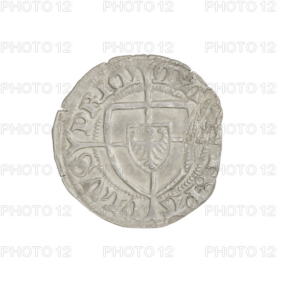 Teutonic szelag, Paul von Russdorf (Grand Master; 1422–1441). Obverse: monastic shield of the Grand Master with a cross whose elongated, widening arms divide the rim legend and reach the outer rim; on the rim, between the pearly borders, an inscription. Reverse: monastic shield with a cross with elongated arms dividing the rim legend and reaching the outer rim; in the rim between the pearl borders there is an inscription. Date: 1422–1441. State of the Teutonic Order (1226–1525). Gdansk mint. Coin, diameter 20.9 mm, weight 1.55 g, axis 135°.