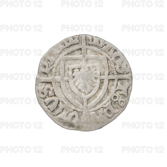 Teutonic szelag, Pawel von Russdorf (Grand Master; 1422–1441). Obverse: monastic shield of the Grand Master with a cross whose elongated, widening arms divide the rim legend and reach the outer rim; on the rim, between the pearly borders, an inscription. Reverse: monastic shield with a cross with elongated arms dividing the rim legend and reaching the outer rim; in the rim between the pearl borders there is an inscription. Date: 1422–1441. State of the Teutonic Order (1226–1525), Gdansk. Coin; diameter 19.7 mm, weight 1.55 g, axis 180°.